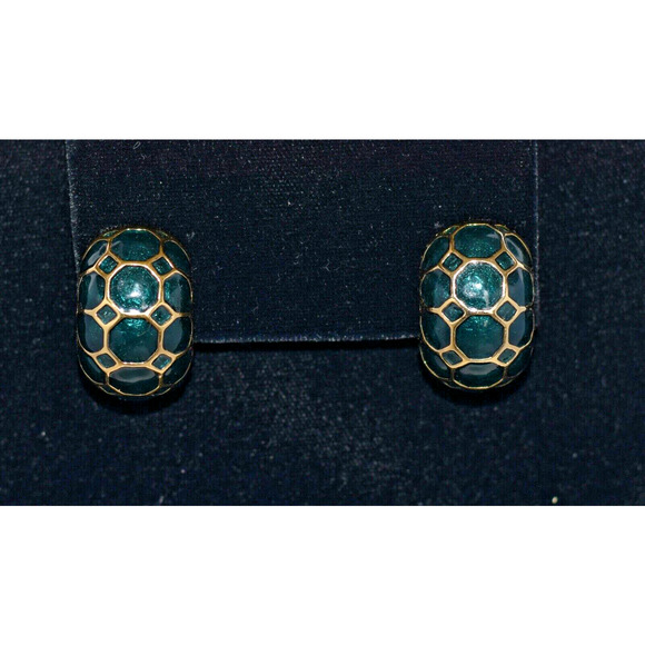Judith Leiber Limited Edition Designer Green & Gold Enamel Clip Earrings - Picture 1 of 6